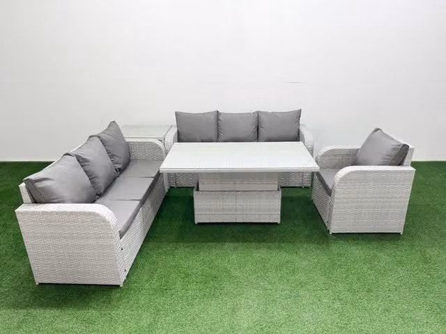 Fimous 7 Seater Poly Rattan Garden Furniture Set in Grey with Adjustable Lifting Dining or Coffee Table, 3 Seater Sofa and 3 Reclining Chairs