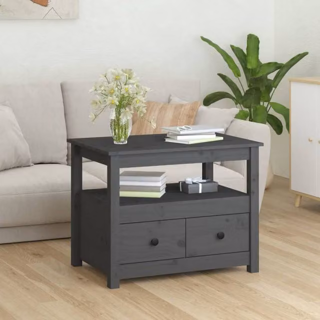 Berkfield Home Beautiful Grey Solid Wood Pine Coffee Table W: 71 cm, D: 49 cm, H: 55 cm