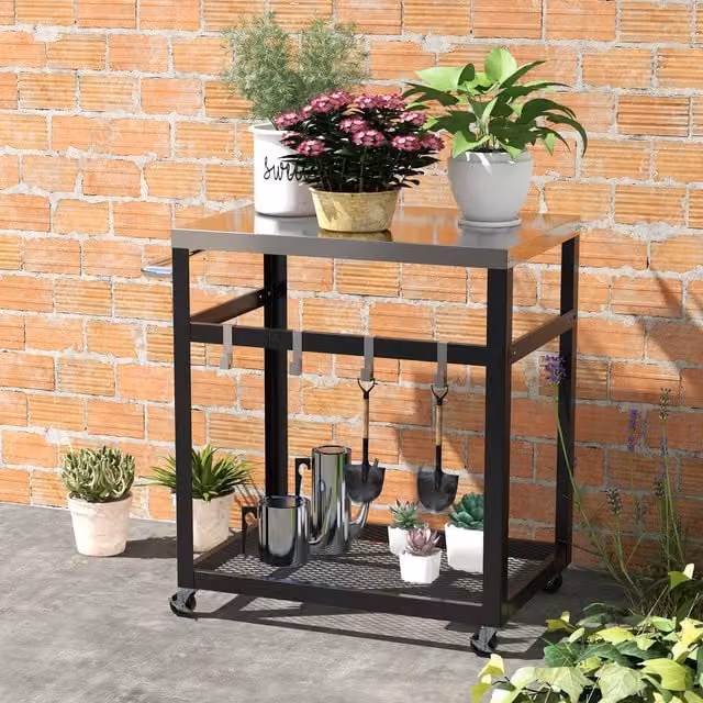 COSTWAY 2-Tier Outdoor Grill Cart Kitchen Trolley in Black Stainless Steel and Metal with Wheels