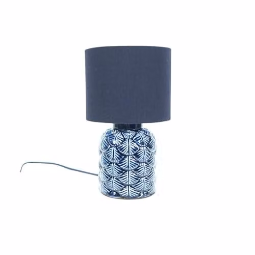 ValueLights Navy Blue Textured Scallop Ceramic Table Lamp with Beige Fabric Drum Lampshade and LED Bulb – 1