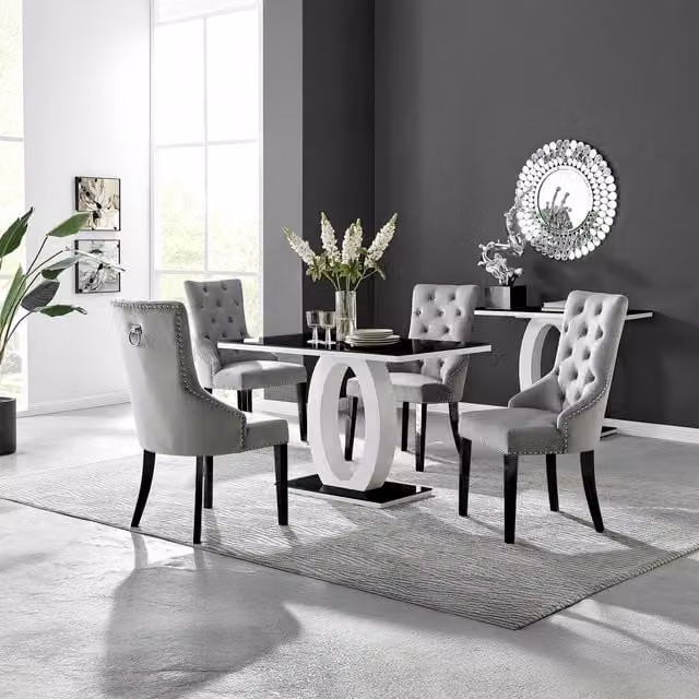 Giovani 4 Black Dining Table and 4 Belgravia Black Leg Chairs in Grey with Glass Top and Velvet Upholstery, W/D/H: 120 x 70 x 75 cm