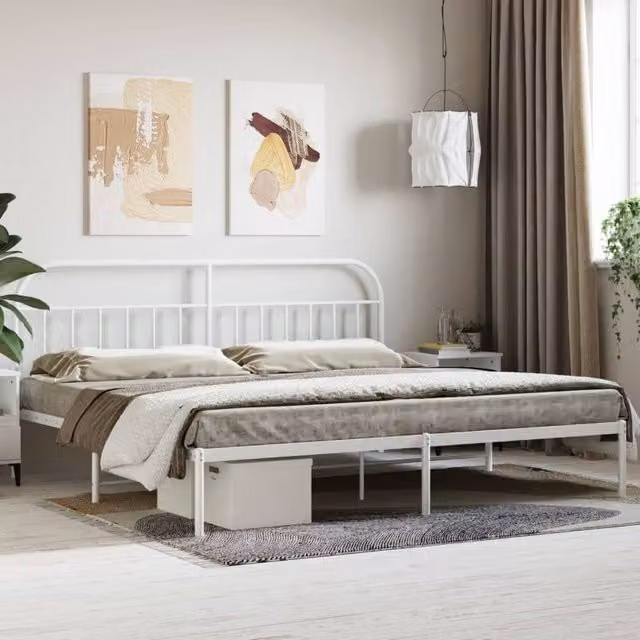 Berkfield Home Metal Bed Frame with Headboard in White, 200 x 200 cm – 1