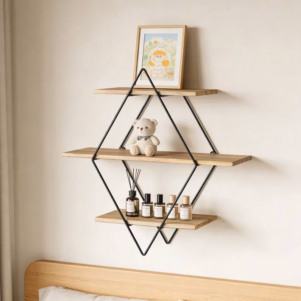 KORVIXA Rustic Geometric Wood and Metal Wall Mounted Floating Shelves in Brown and Black – 3