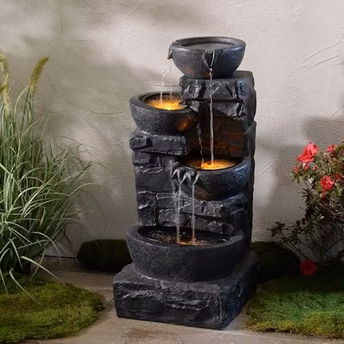 Teamson Home 4 Tier Cascading Bowl Outdoor Water Feature with Warm LED Lights, Dark Grey, W/D/H: 39.5 x 39.5 x 82.5 cm – 3