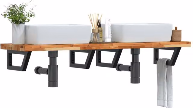 Berkfield Home Wall Mounted Basin Shelf in Brown Steel and Solid Acacia Wood