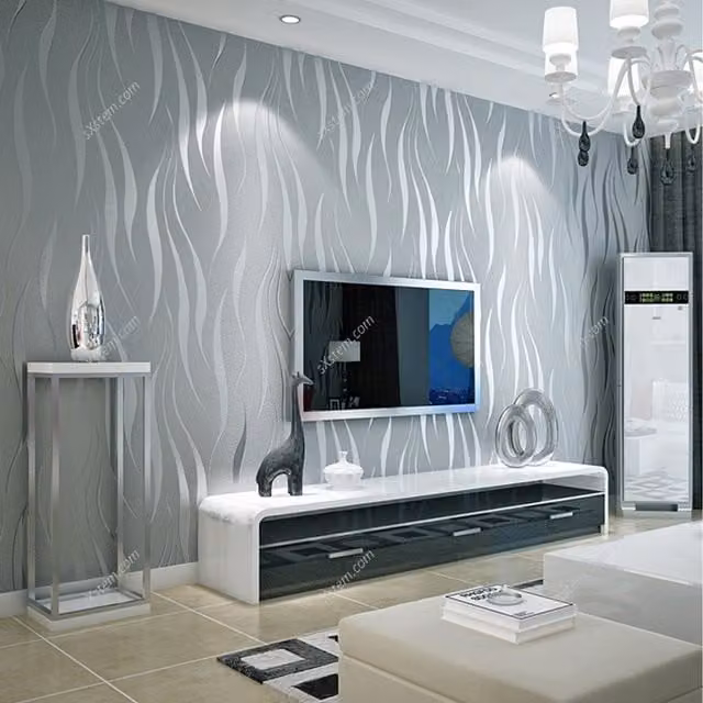 Livingandhome Modern Silver and Grey Abstract Striped Non Woven Embossed Flocking Wallpaper Roll