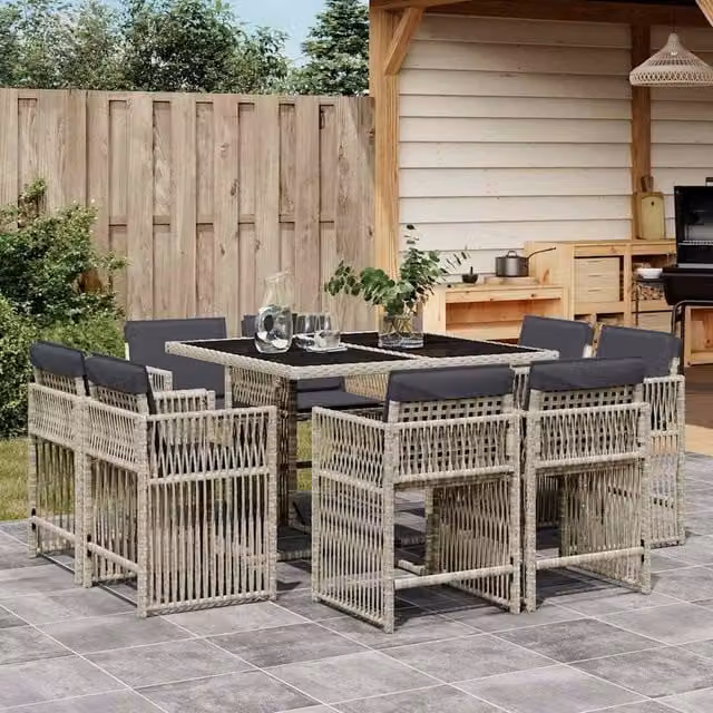 Berkfield Home 9 Piece Garden Dining Set with Cushions in Light Grey Poly Rattan