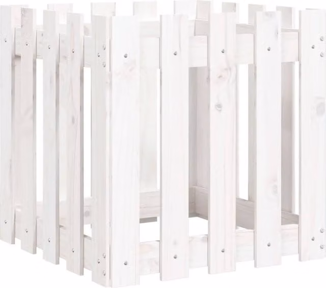Berkfield Home Garden Planter in White with Fence Design, Solid Wood and Plastic, W/D/H: 50 x 50 x 50 cm