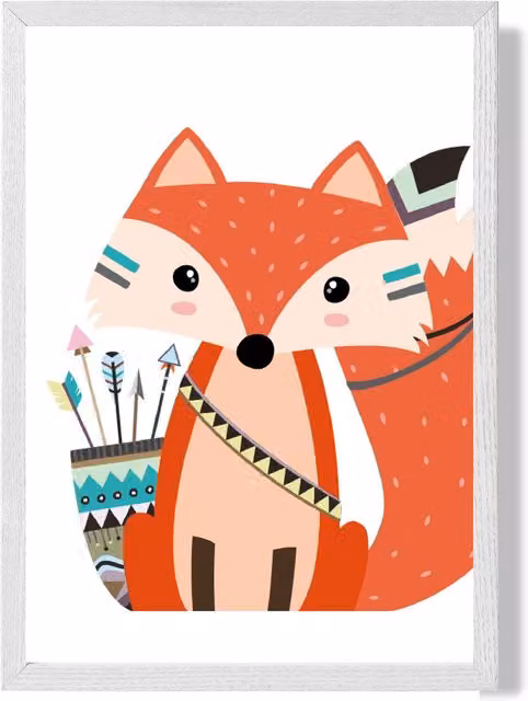 ARTZE Sitting Red Fox Tribal Animal Framed Print in White, A2