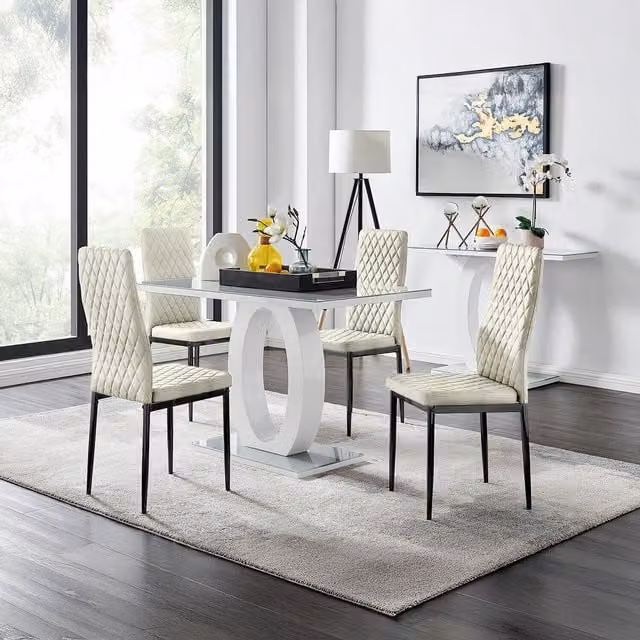 FurnitureboxUK Giovani Grey Glass Rectangular Dining Table and 4 Cream Velvet Milan Chairs with Black Legs