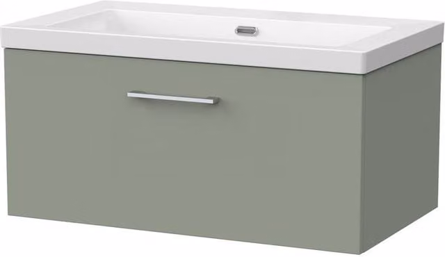 Balterley Pershall Modern Wall Mounted 1 Drawer Vanity Unit and 0TH Fireclay Basin in Reed Green, Width: 80 cm