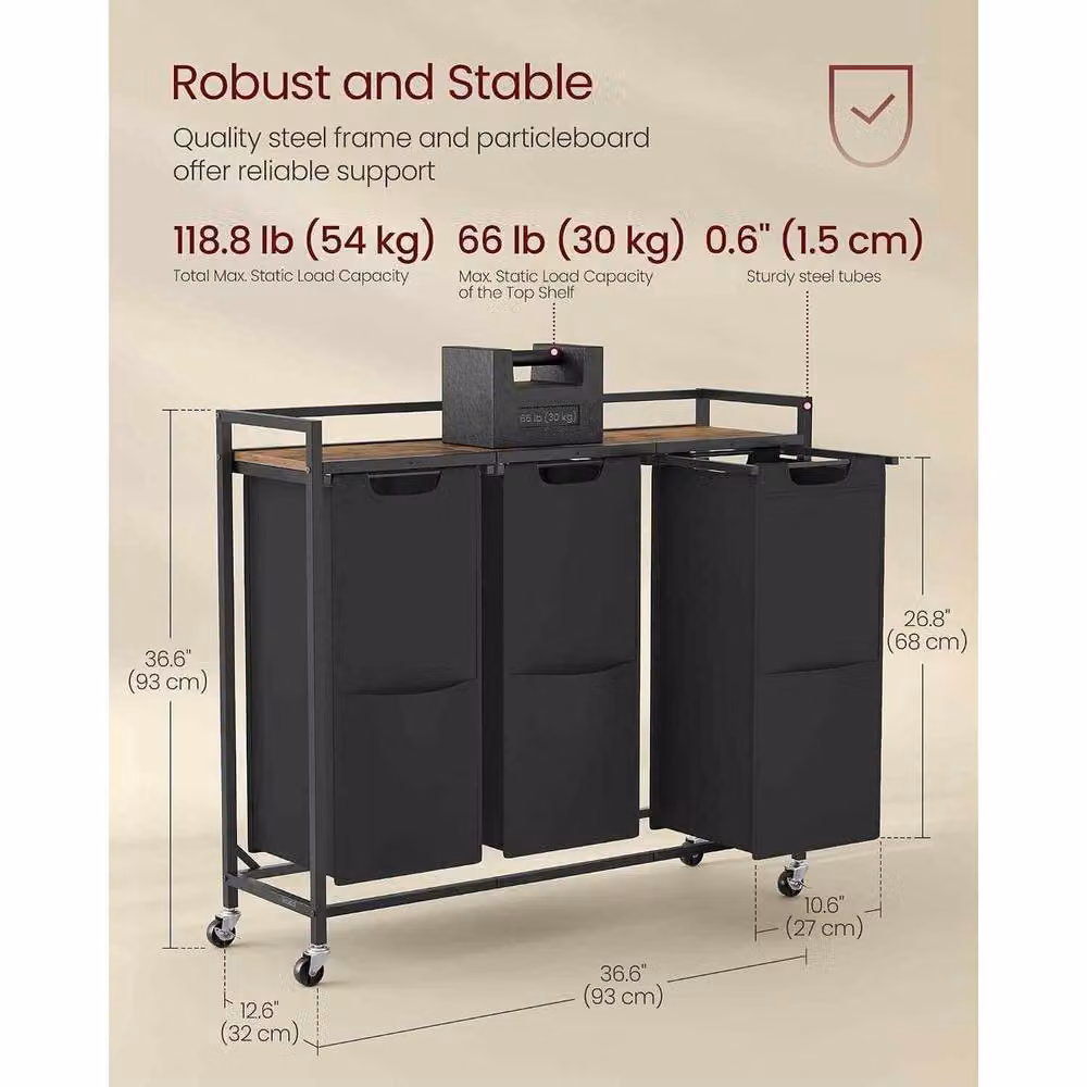 The Bazaarist 3 Bag Rolling Laundry Sorter Cart with Shelves, Black and Brown – 3