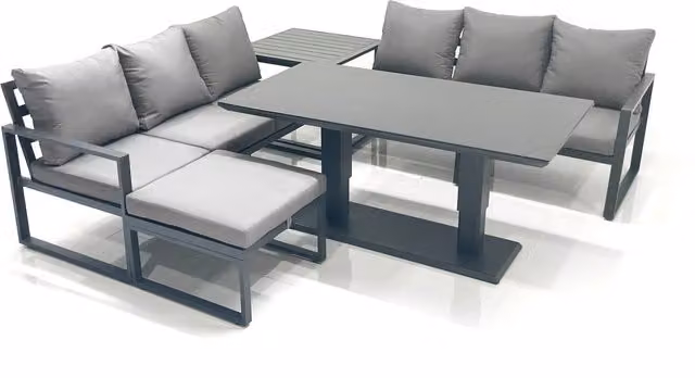 Fimous 7 Seater Aluminium Outdoor Garden Furniture Set in Dark Grey with Adjustable Rising Dining Table, 3 Seater Sofa, Big Footstool and Side Table
