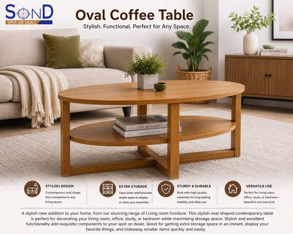 Spot On Dealz Oval Coffee Table with Under Shelf in Light Oak Finish – 3