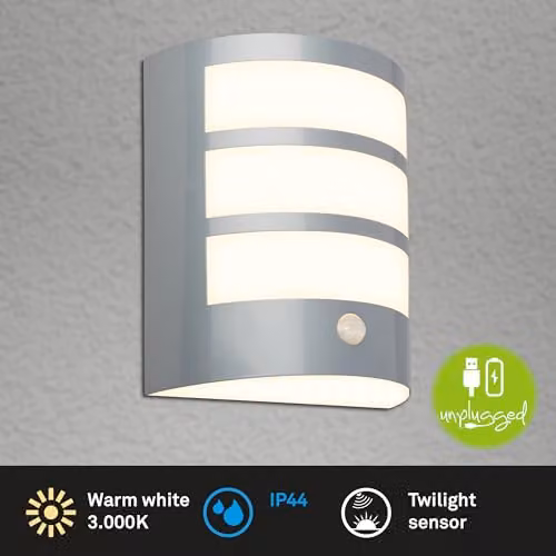 Briloner LED Outdoor Wall Light with Motion and Twilight Sensor, Matt Chrome, W/D/H: 18 x 15 x 7 cm – 2