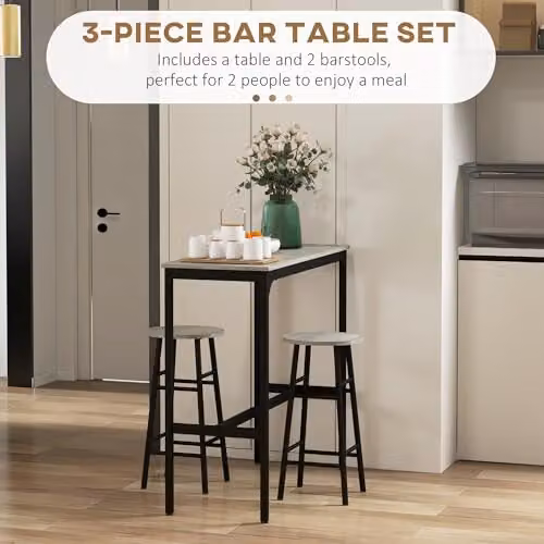 HOMCOM 3 Piece Industrial Bar Table and Stool Set in Grey and Black – 3
