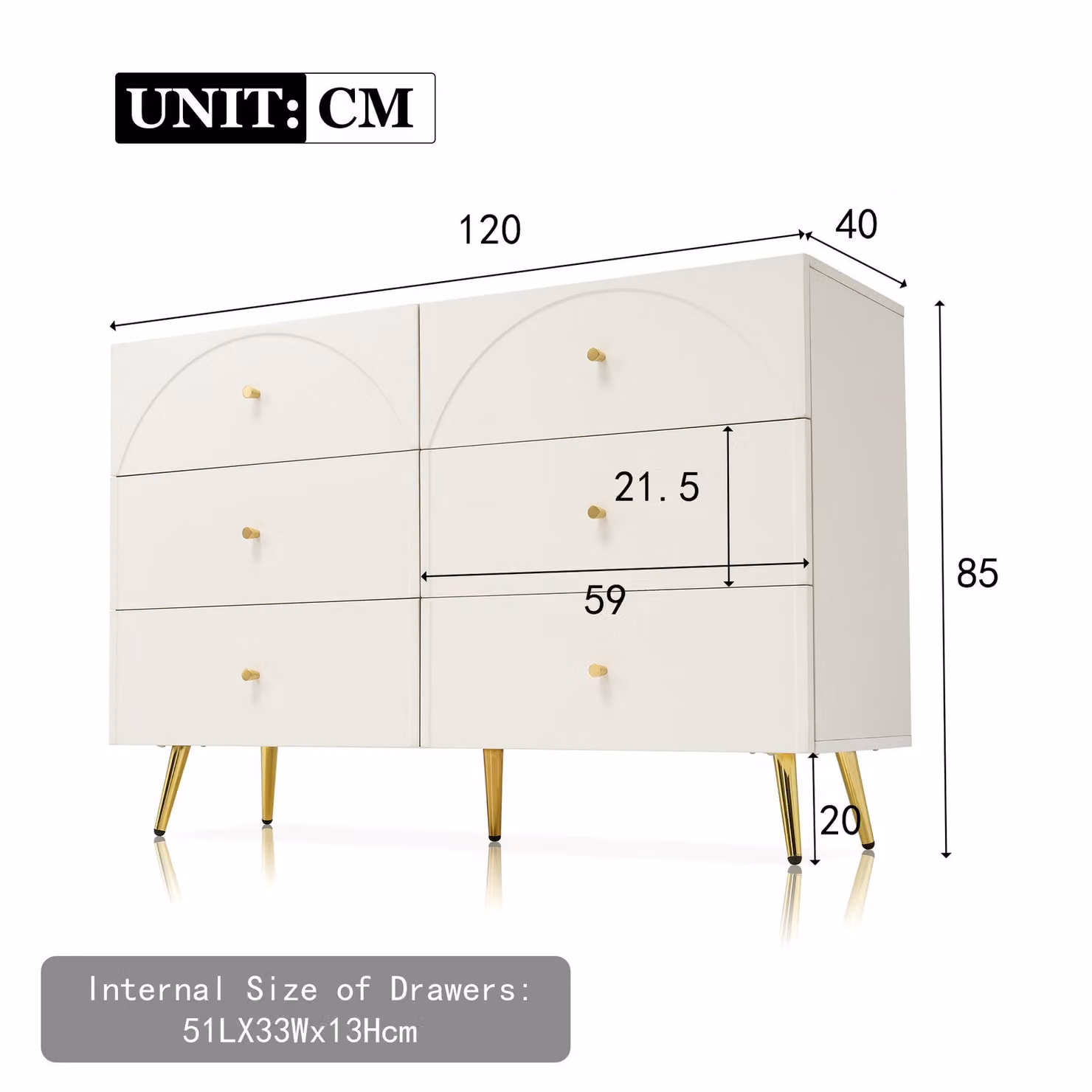 Aosom UK White Sideboard Cabinet with 6 Drawers and Adjustable Height, Wood and Metal Construction, W: 120 cm, D: 40 cm, H: 85 cm – 2