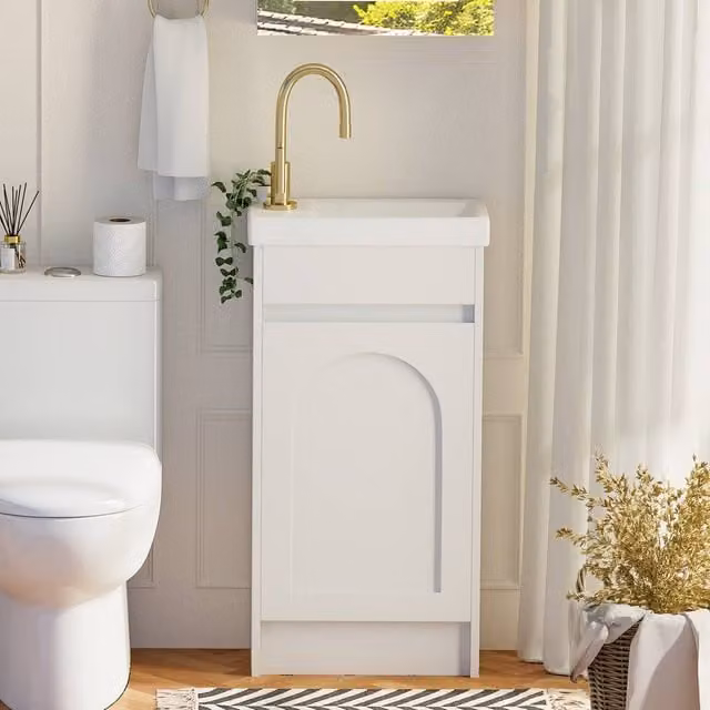 KEEPREAPER Modern White Glossy Bathroom Vanity Unit with Ceramic Sink and Internal Shelves – 1