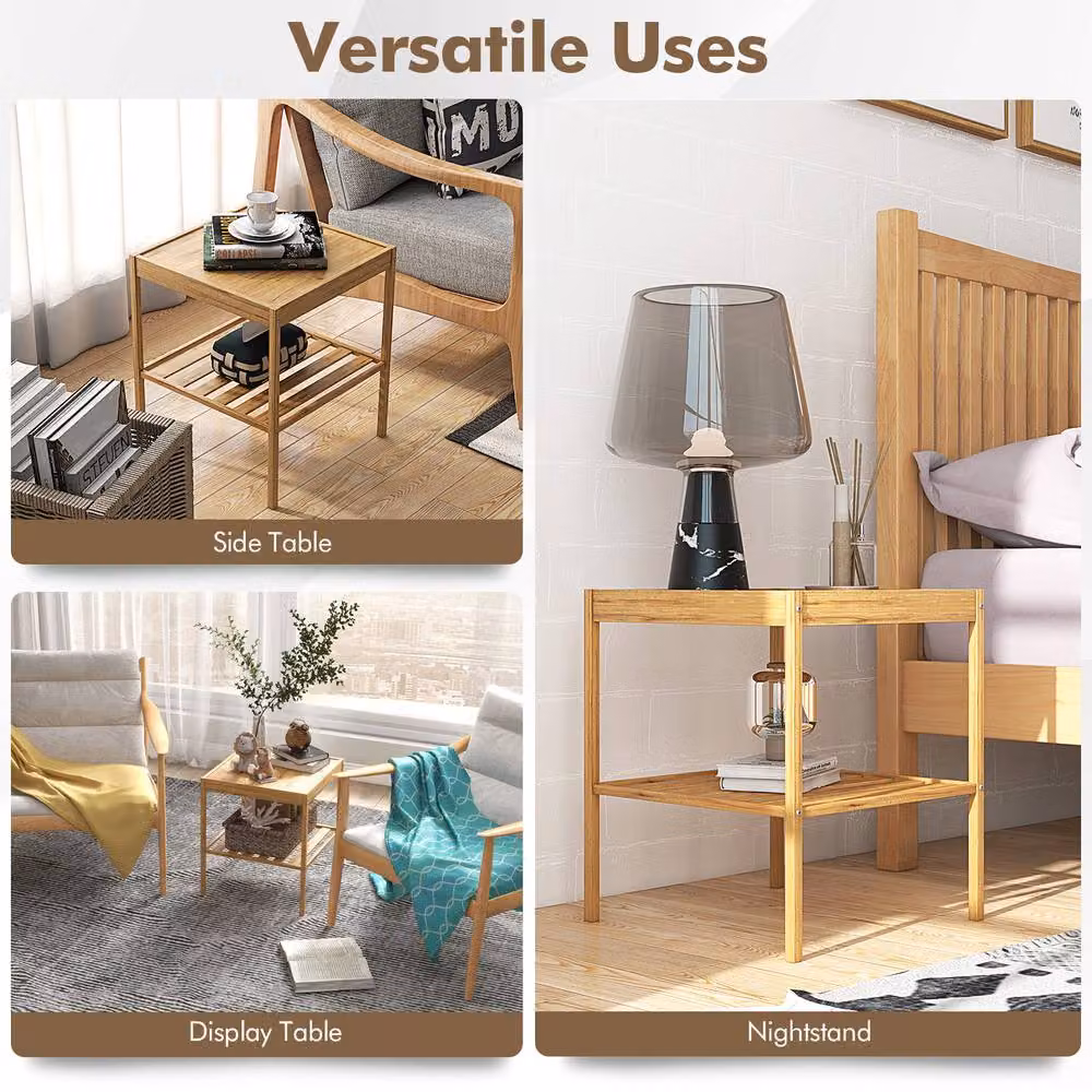 Costway Set of 2 Modern Bamboo Side Tables with Storage Shelf in Natural Brown – 5