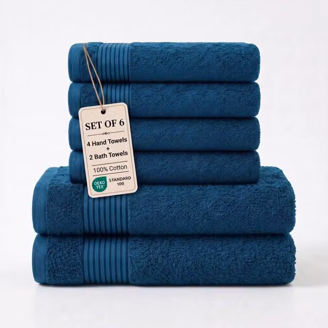 Grace Premium 500 GSM Cotton Bath and Hand Towel Set of 6 in Petrol Teal