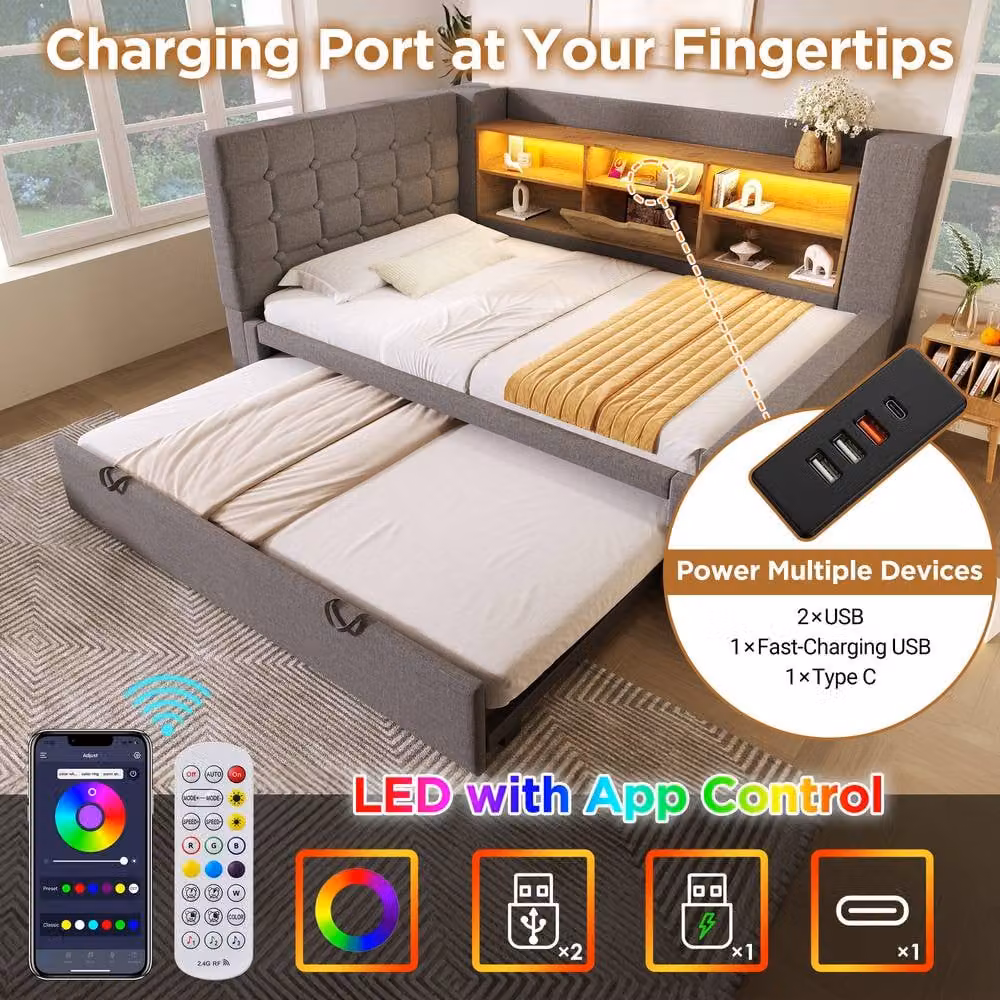 ModernLuxe Upholstered Single Bed in Grey with Pull-out Guest Bed, LED Lighting, USB Charging Port and Storage W/D/H: 90 x 190 x 107 cm – 3