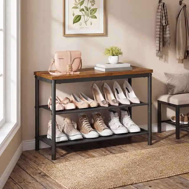 VASAGLE 3-Tier Rustic Brown and Black Shoe Rack