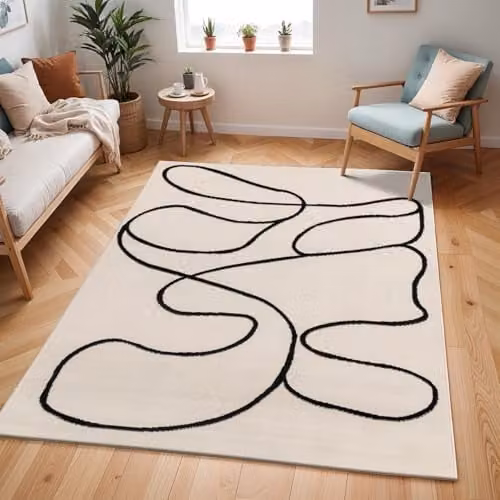 Livabliss Pisa Modern Abstract Rectangular Rug in White, Black and Beige, W/D/H: 80 x 150 x 0.6 cm – 1