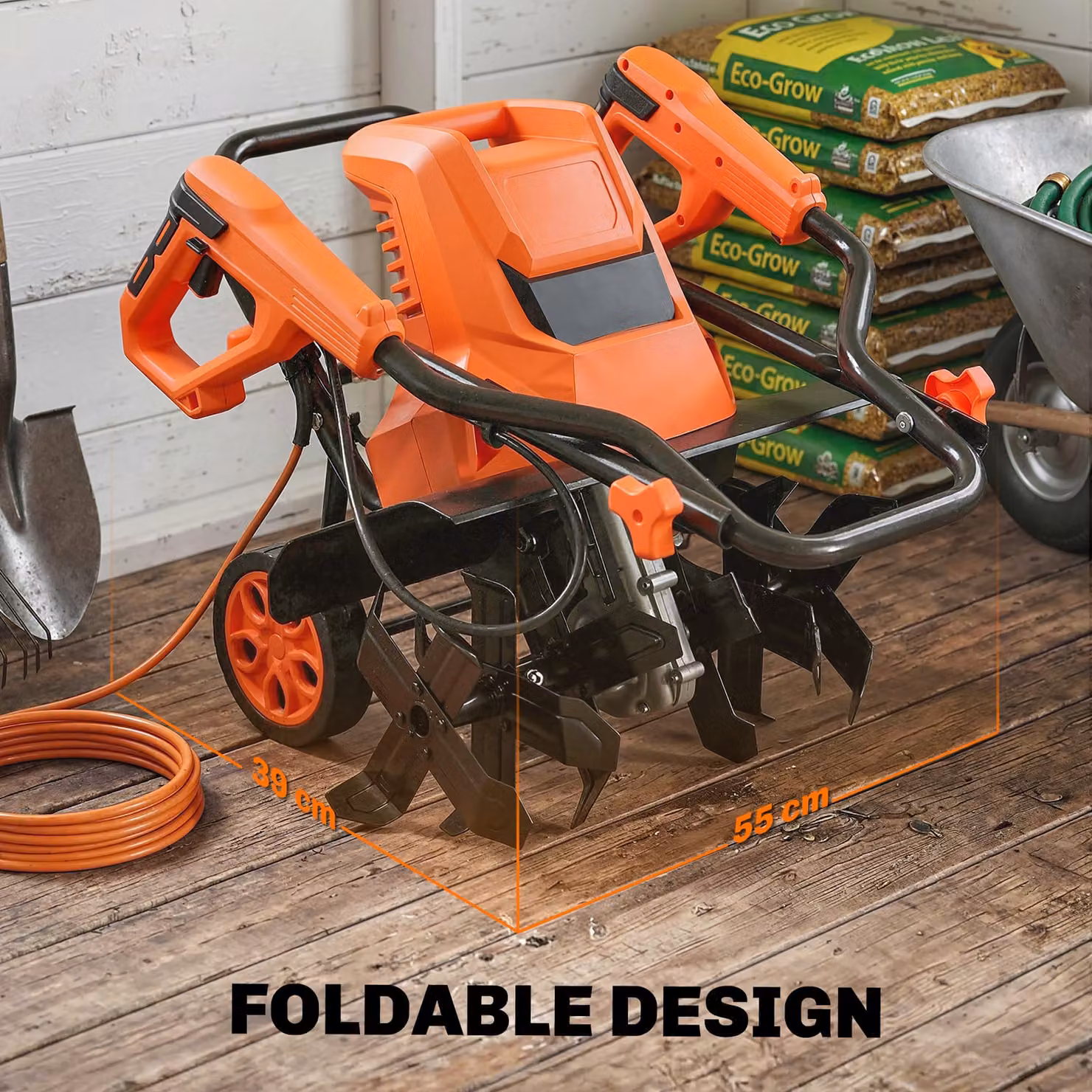 Outsunny 1500W Electric Garden Tiller in Orange with Foldable Handle, 40cm Working Width, 20cm Tilling Depth and 6 Steel Blades – 9