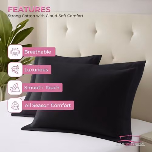 Snug City Luxury 200 Thread Count Cotton Pillowcase Pair in Black with Envelope Closure, W: 48 cm, H: 74 cm – 4