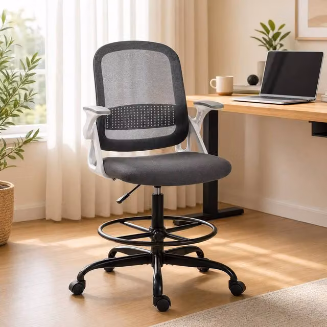 STILVORA Grey Fabric Drafting Chair with Flip-up Armrests and Foot Ring