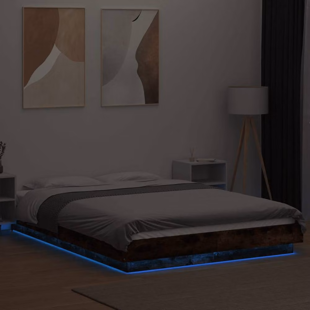 Berkfield Home Durable Bed Frame with Under-Bed LED Lighting in Smoked Oak Brown, W/D/H: 120 x 200 x 23 cm – 3