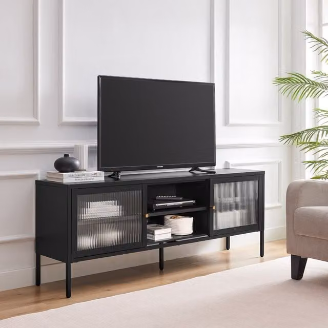 FurnitureboxUK Kafe Modern Industrial Metal and Glass TV Sideboard in Black and Gold