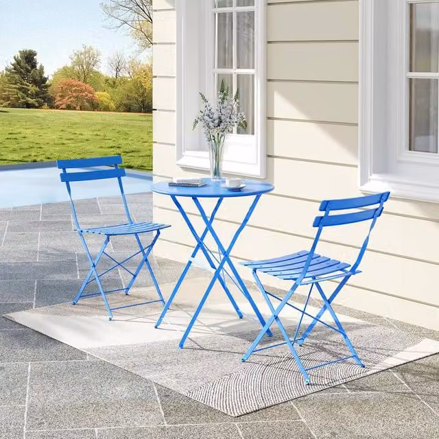 London Boutique 3-Piece Foldable Bistro Set Blue Metal Garden Furniture Set with Table and 2 Chairs – 1