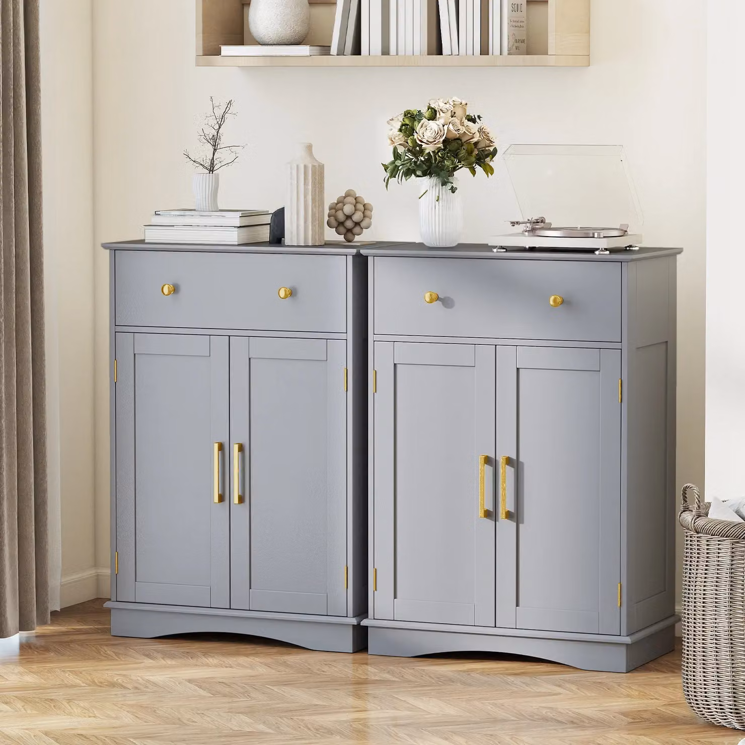 Costway Modern Grey Floor Storage Cabinet Buffet Sideboard with Drawer and Doors – 4