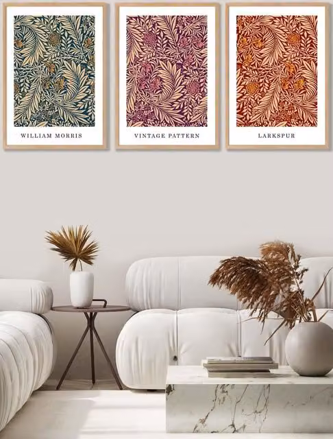 ARTZE Set of 3 William Morris Vintage Larkspur Floral Wall Art with Oak Wood Frames, Multicolour, W: 33 cm, H: 45 cm, D: 2 cm