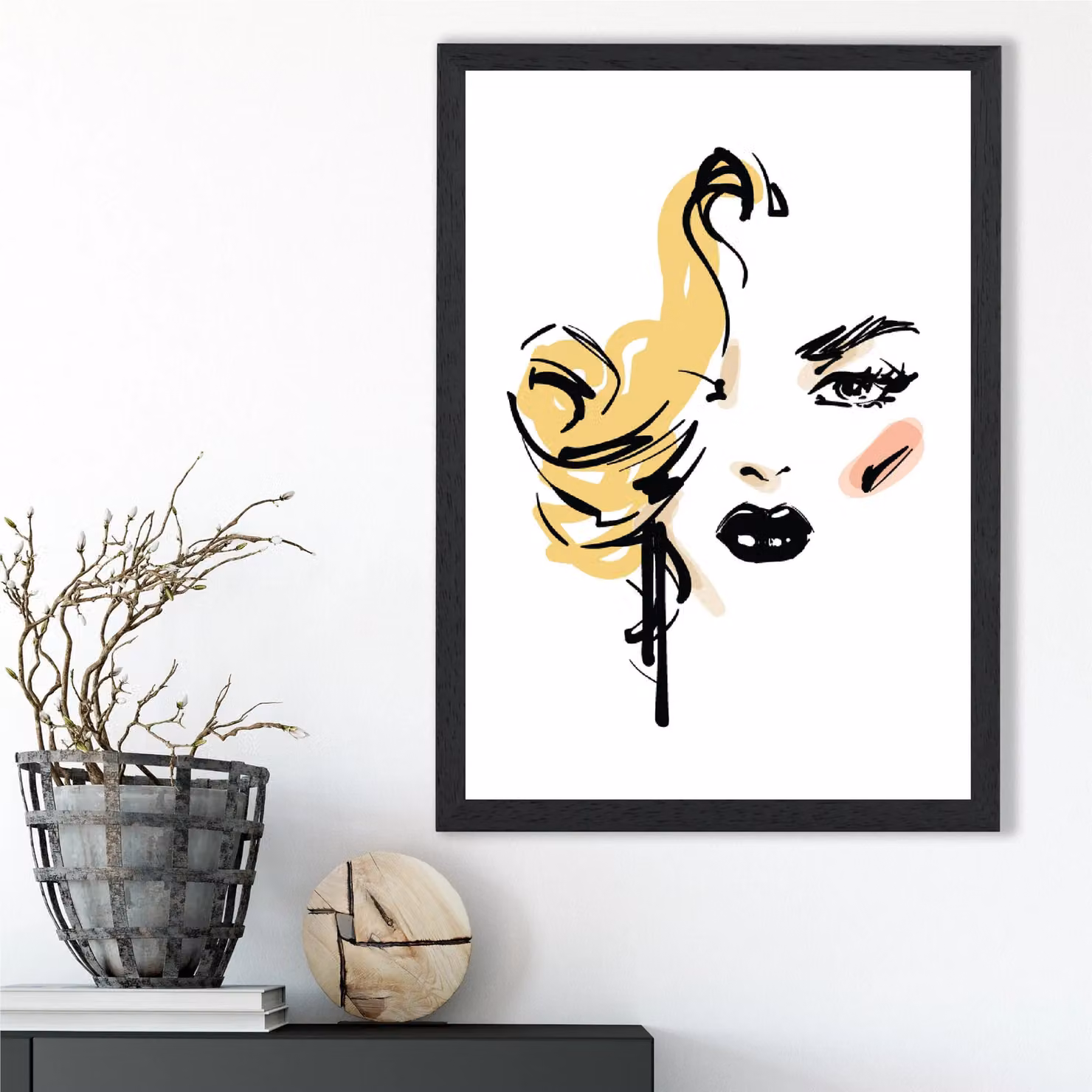 ARTZE Fashion Face Pen and Ink Sketch Framed Print, Yellow and Black, A2 – 2