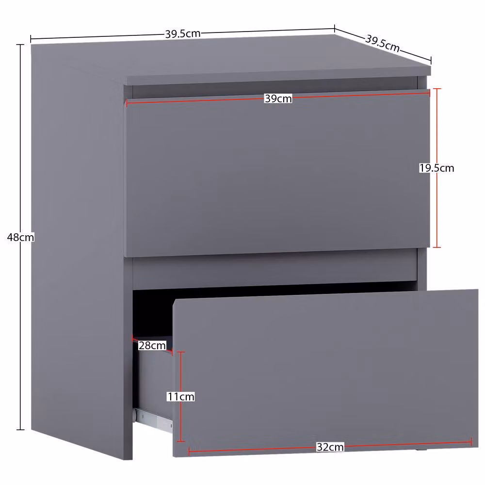 HD Designs Denver 2 Drawer Bedside Chest of Drawers in Grey – 2