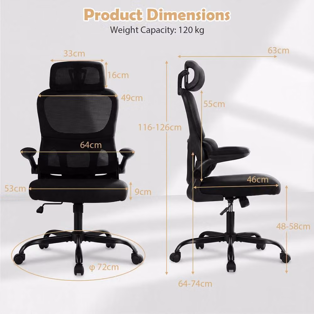 Gymax High Back Ergonomic Mesh Office Chair with Lumbar Support, Headrest and Flip-up Arms in Black – 2