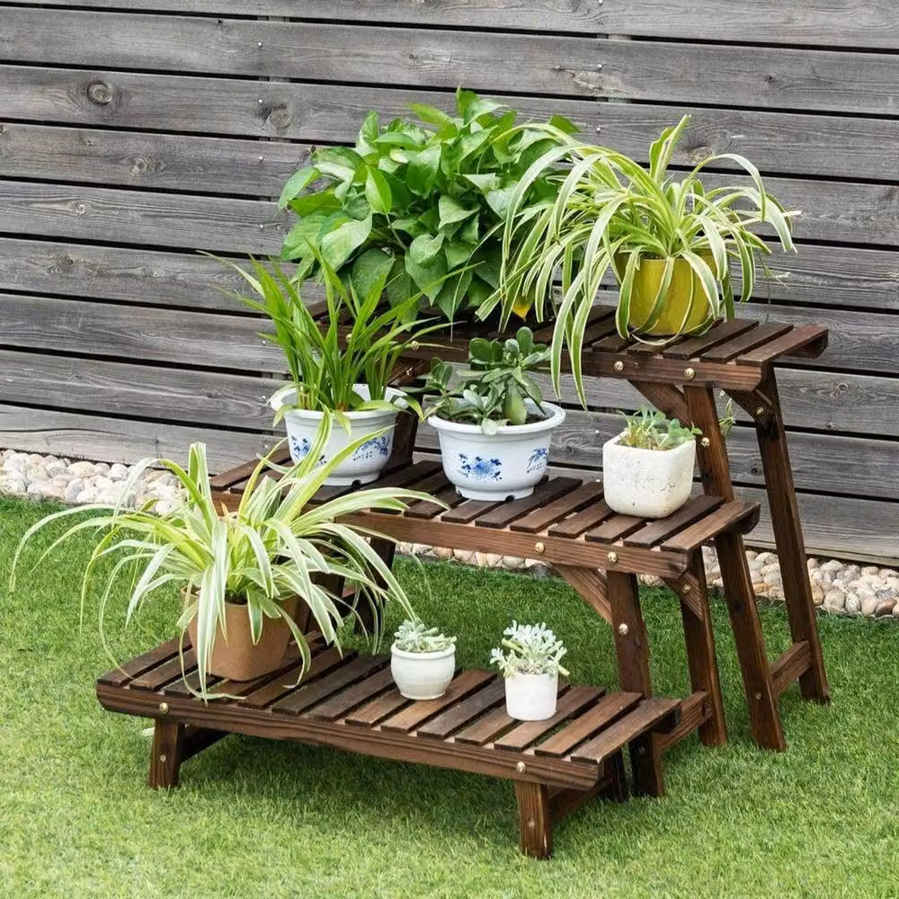 KORVIXA 3 Tier Rustic Wood Ladder Plant Stand, Brown, H 70 cm x W 15 cm x D 15 cm – 2