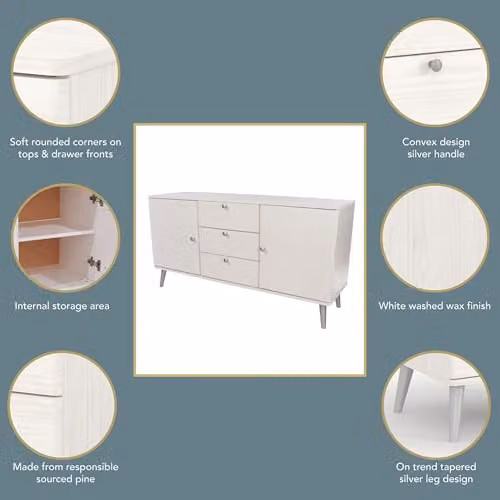 Core Products Augusta Industrial Pine Medium Sideboard with 2 Doors and 3 Drawers in White and Brown – 3