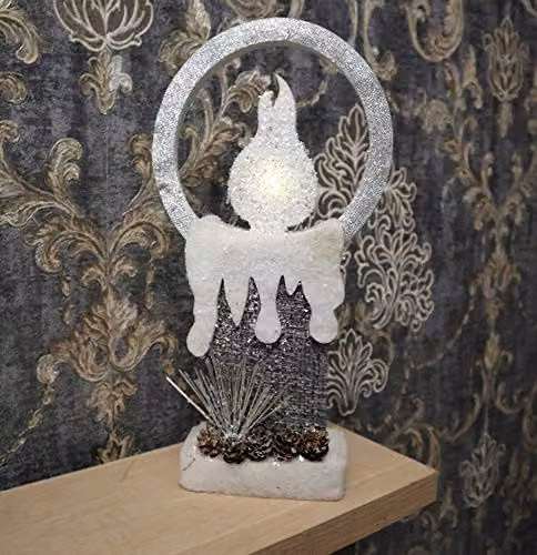 Shatchi Pre-Lit Christmas Candle Table Decoration, Grey and Silver Glitter Foam Snow Covered Finish, H 41.5 cm x W 21.5 cm x D 6.0 cm