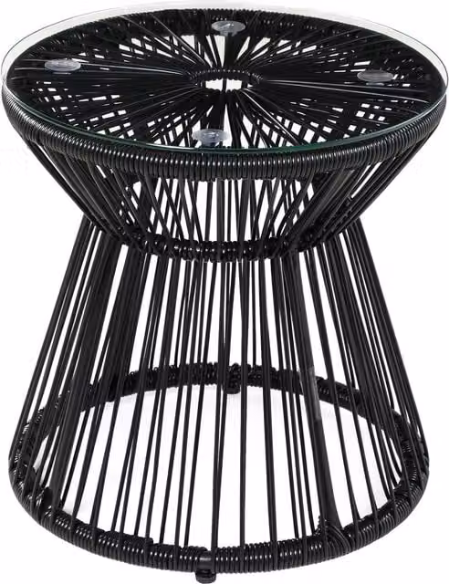 Outsunny Round Rattan Side Table with Glass Toptop in Black