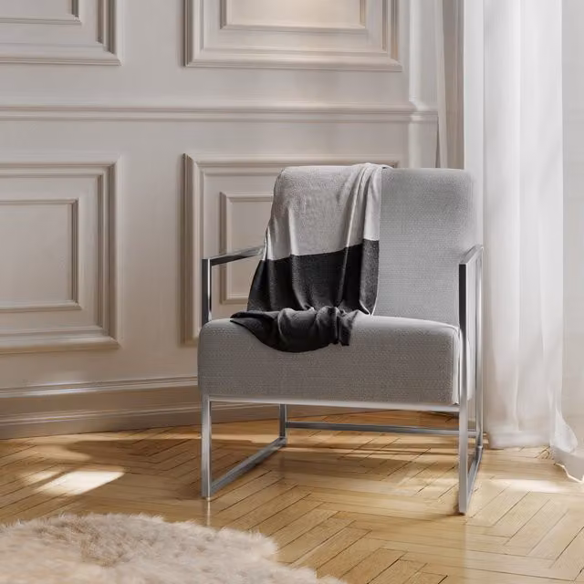 LPD Home Ritz Accent Chair in Grey Fabric with Metal Frame and Armrests