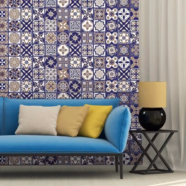 Walplus Blue Geometric Adhesive Wall Tile Stickers, 12 Pack, W/H: 20 x 20 cm