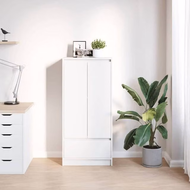 Berkfield Home White Freestanding Cabinet with Hinged Doors and Internal Drawers, W/D/H: 55.5 x 34 x 119.5 cm