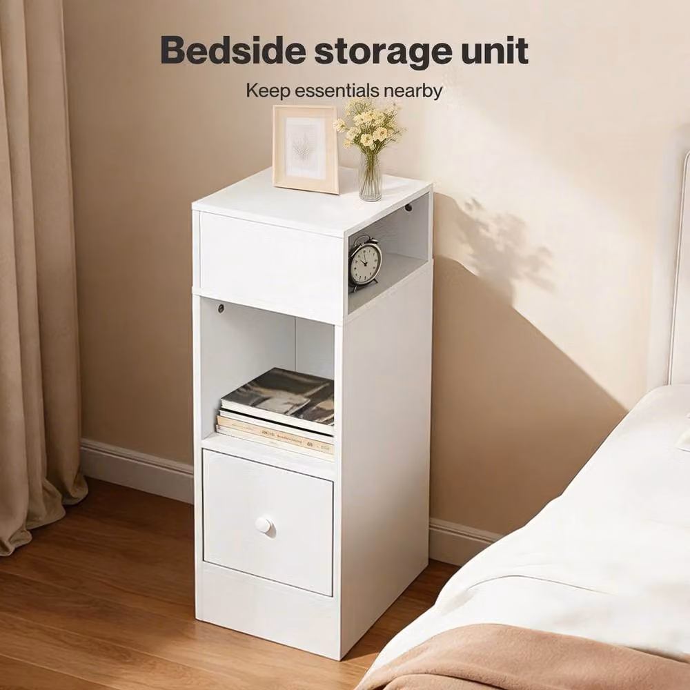 VOGREX White Modern Storage Nightstand with Drawer and Shelf – 2