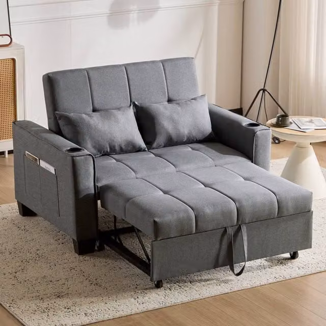 Matteo Grey Fabric 2-Seater Convertible Sofa Bed with Cup Holders and Pull-Out Drawer – 1