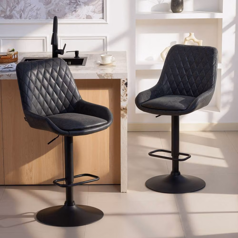 STILVORA Set of 2 Black Synthetic Leather Bar Stools with Adjustable Height and 360 Degree Swivel – 2
