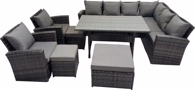 Fimous 11 Seater Modern Rattan Patio Dining Corner Sofa Set with Chairs in Dark Grey