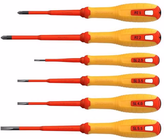 Hultafors 6 Piece VDE Pozidriv and Slotted Screwdriver Set in Yellow and Red